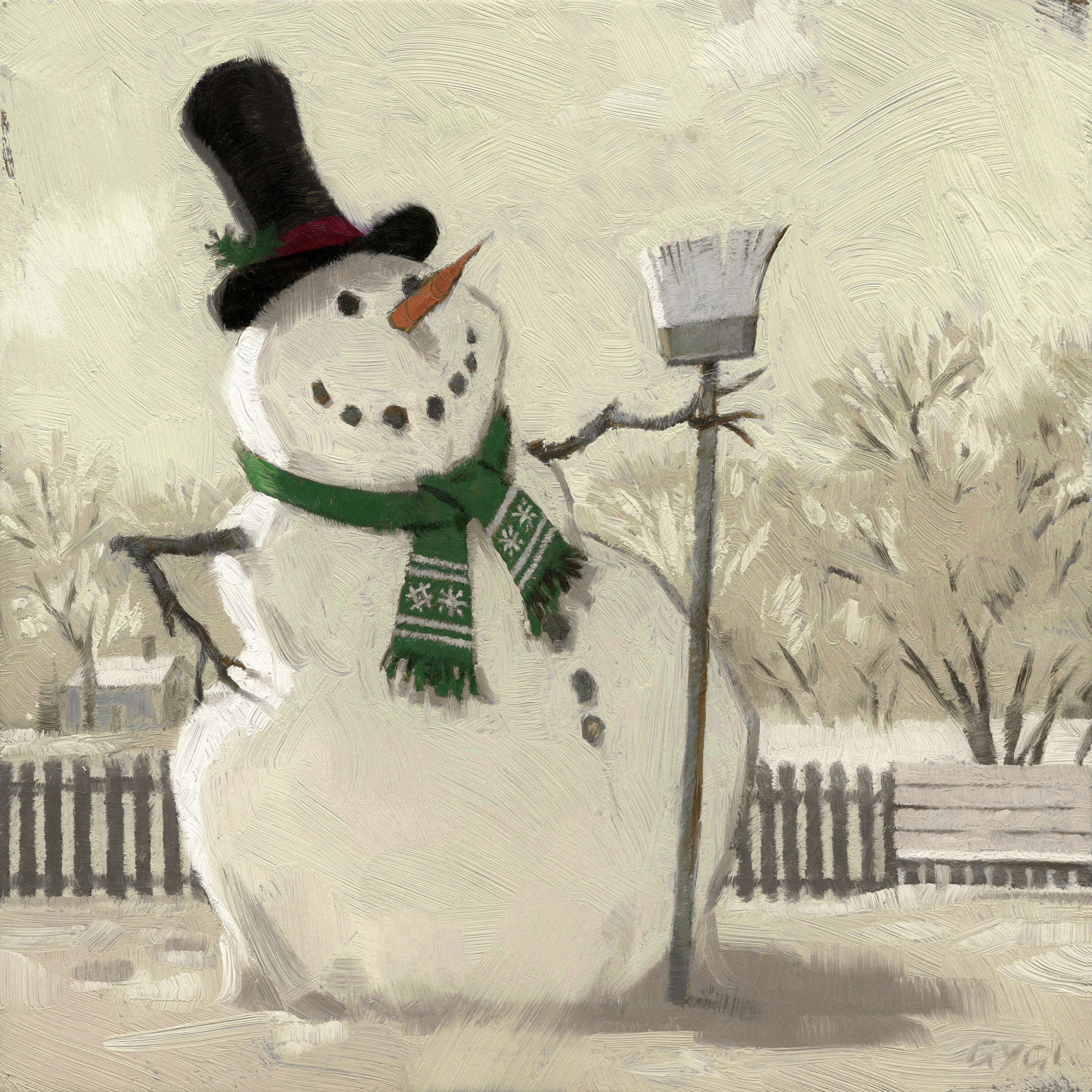 SNOWMAN W BROOM-SEPIA ARTWORK