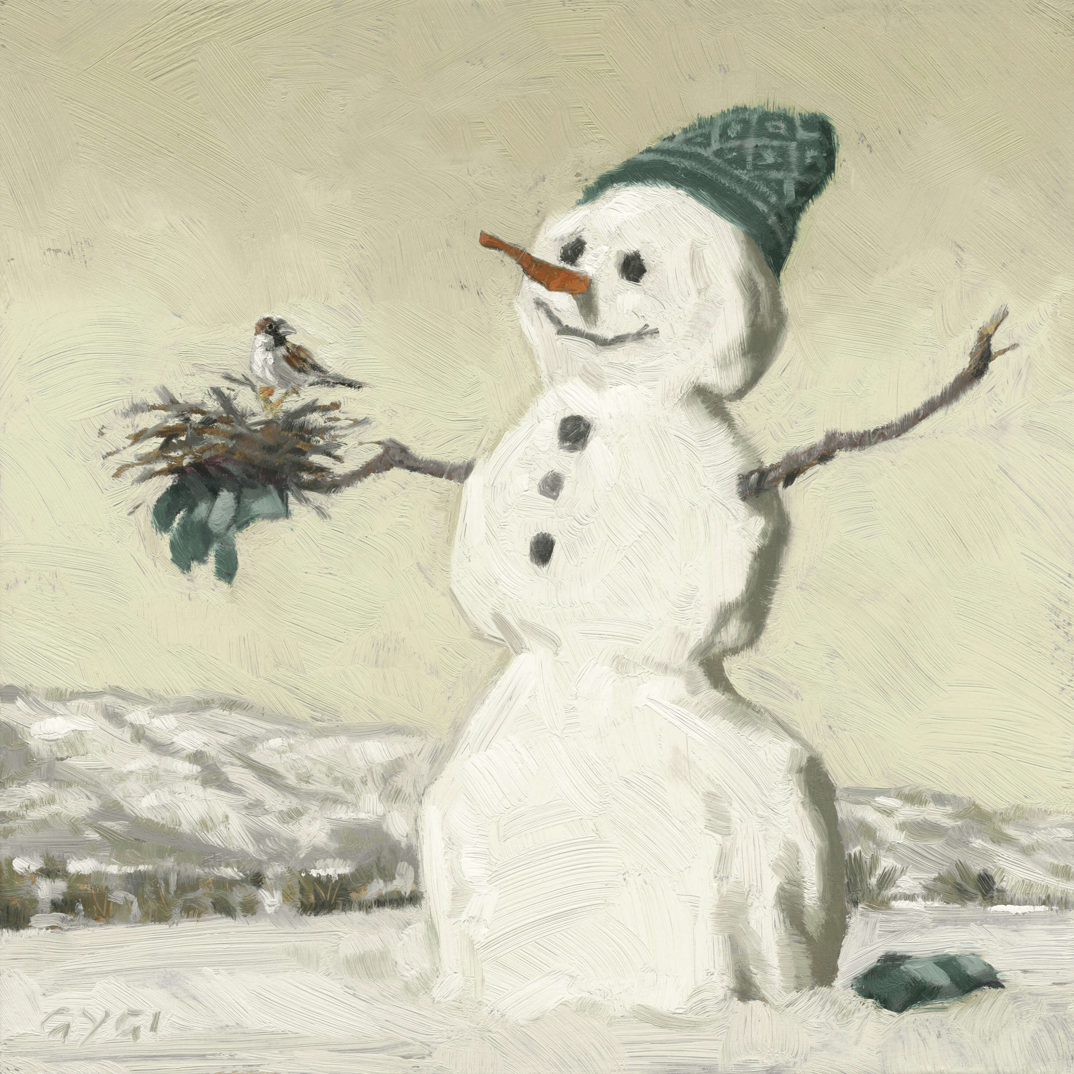 SNOWMAN AND BIRD-SEPIA ARTWORK