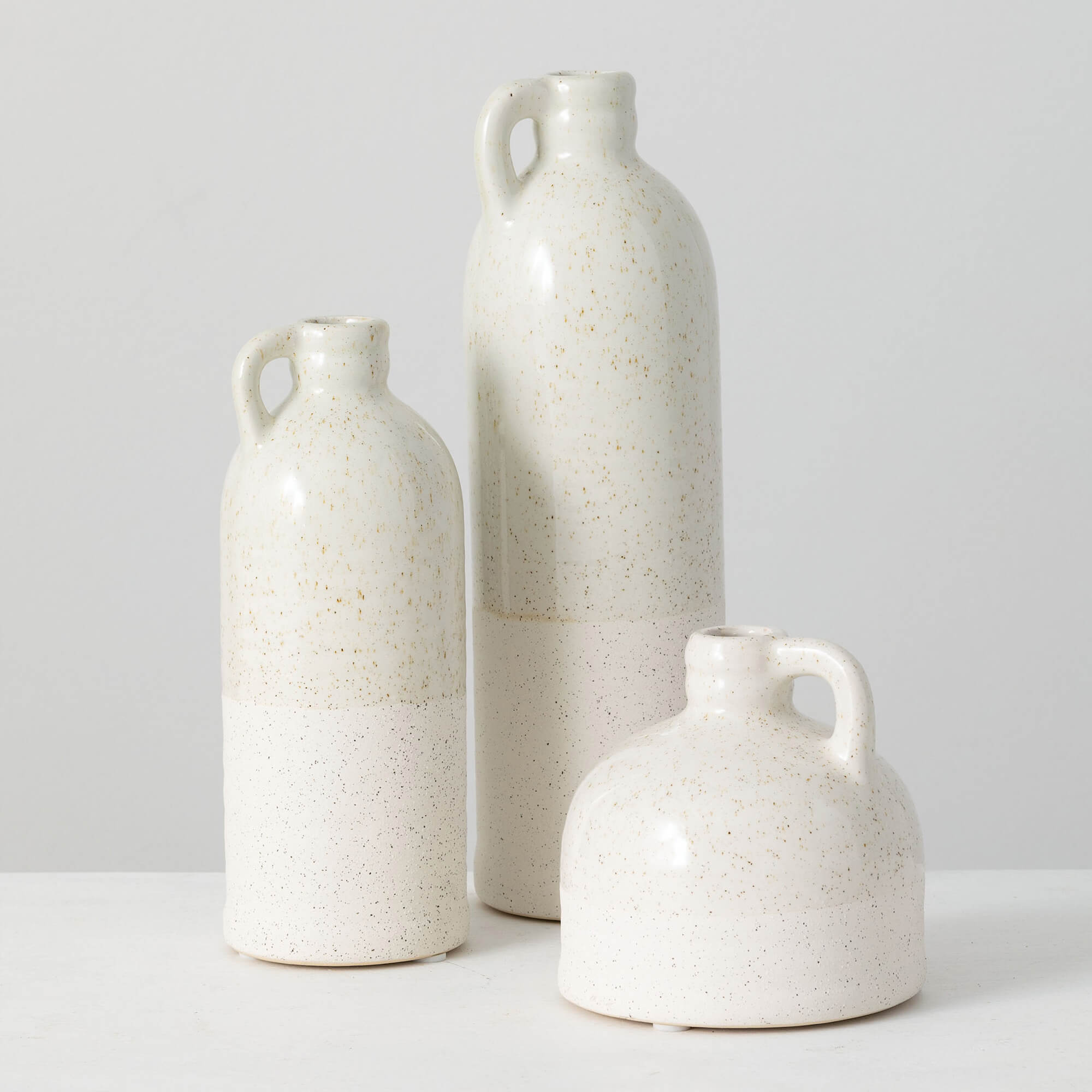 WHITE SPECKLED JUG VASE TRIO