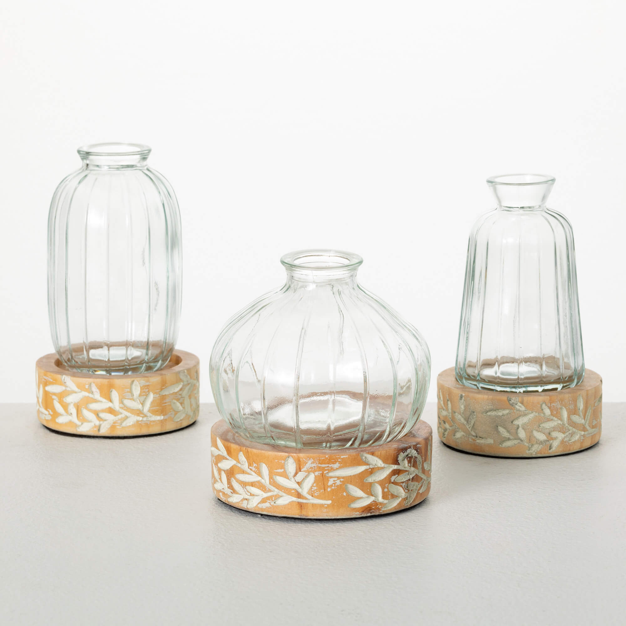 EMBOSSED WOOD & GLASS VASE SET