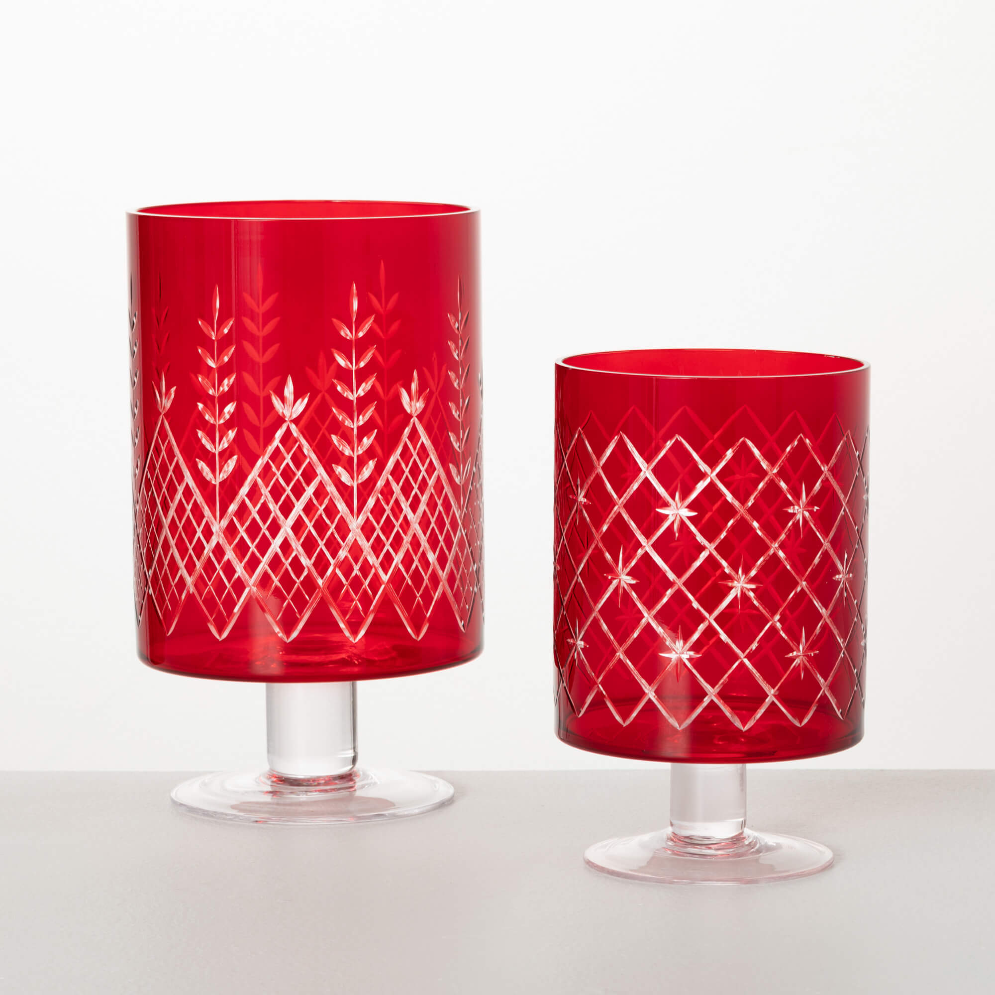 ETCHED RED GLASS CANDLEHOLDERS