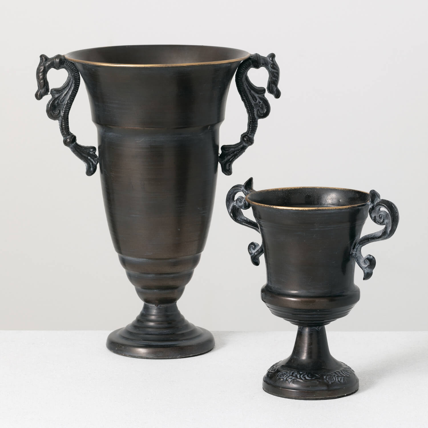 METALLIC HANDLED URN SET OF 2