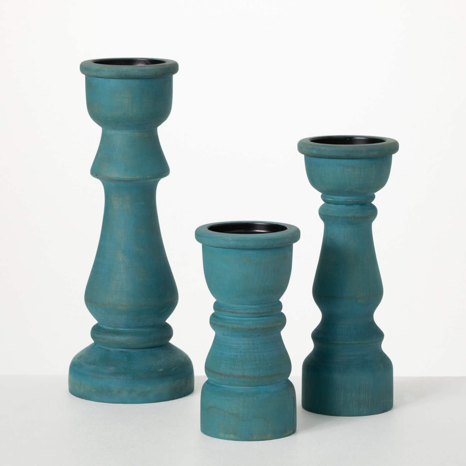 TURQUOISE WOOD PILLAR HOLDERS