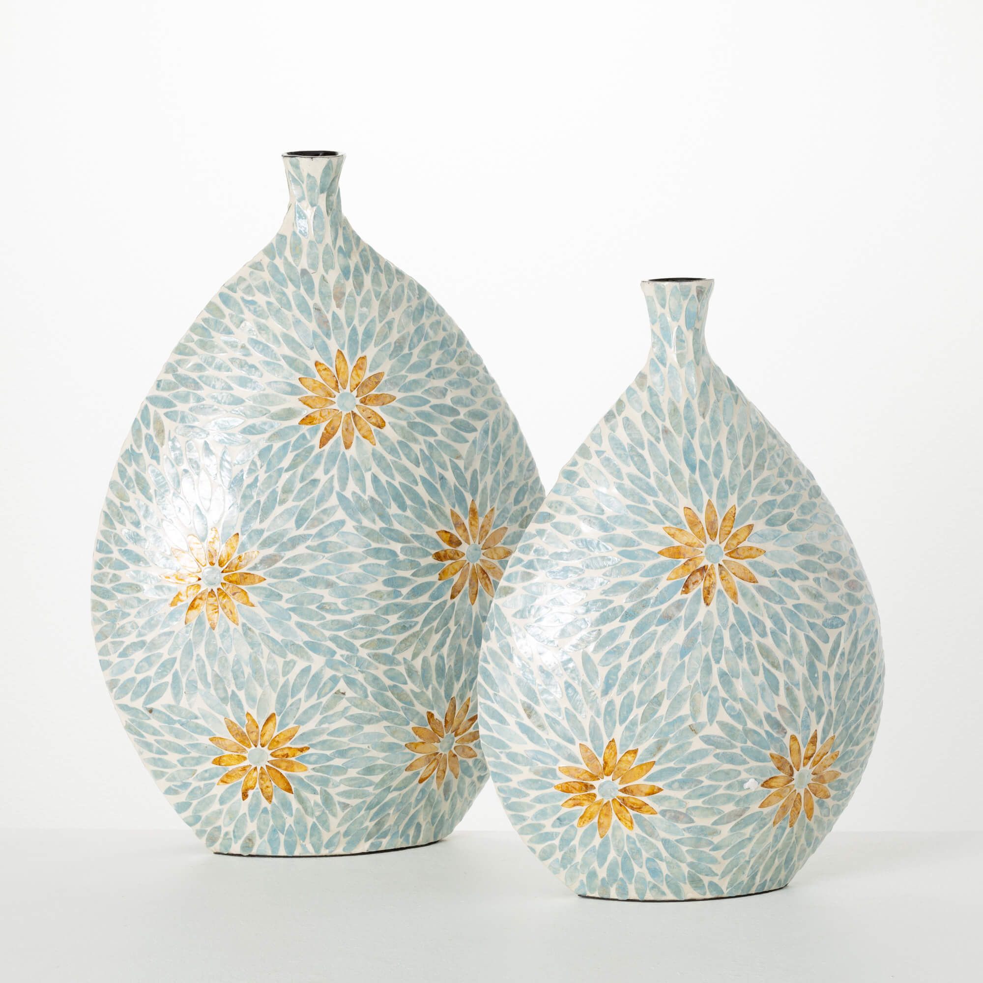 BLUE FLORAL CAPIZ VASE SET 2