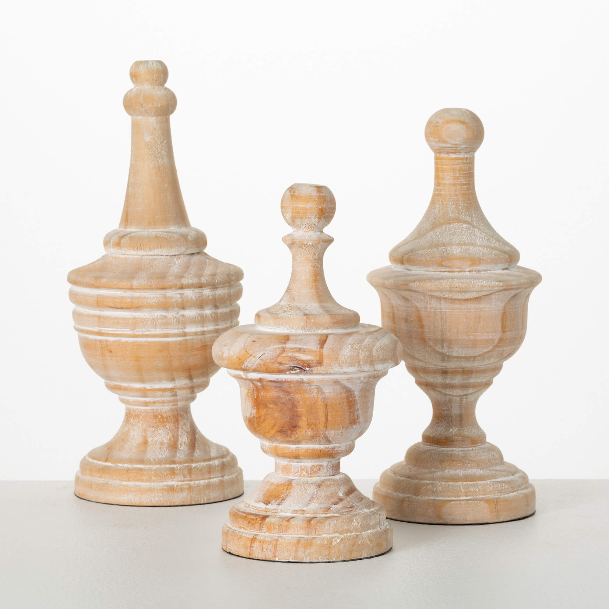 WHITE WASHED WOOD FINIAL SET 3