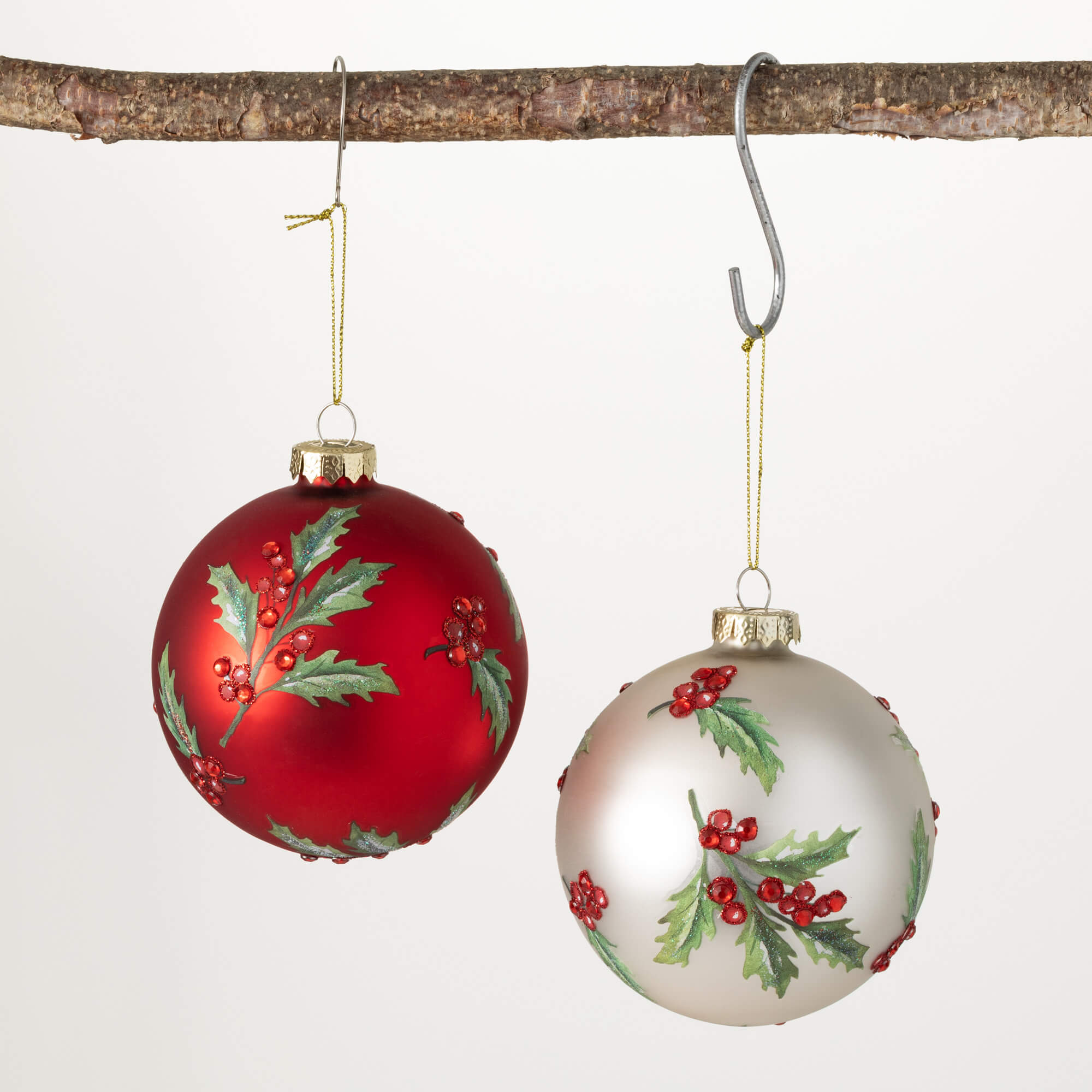 METALLIC HOLLY BALL ORNAMENTS