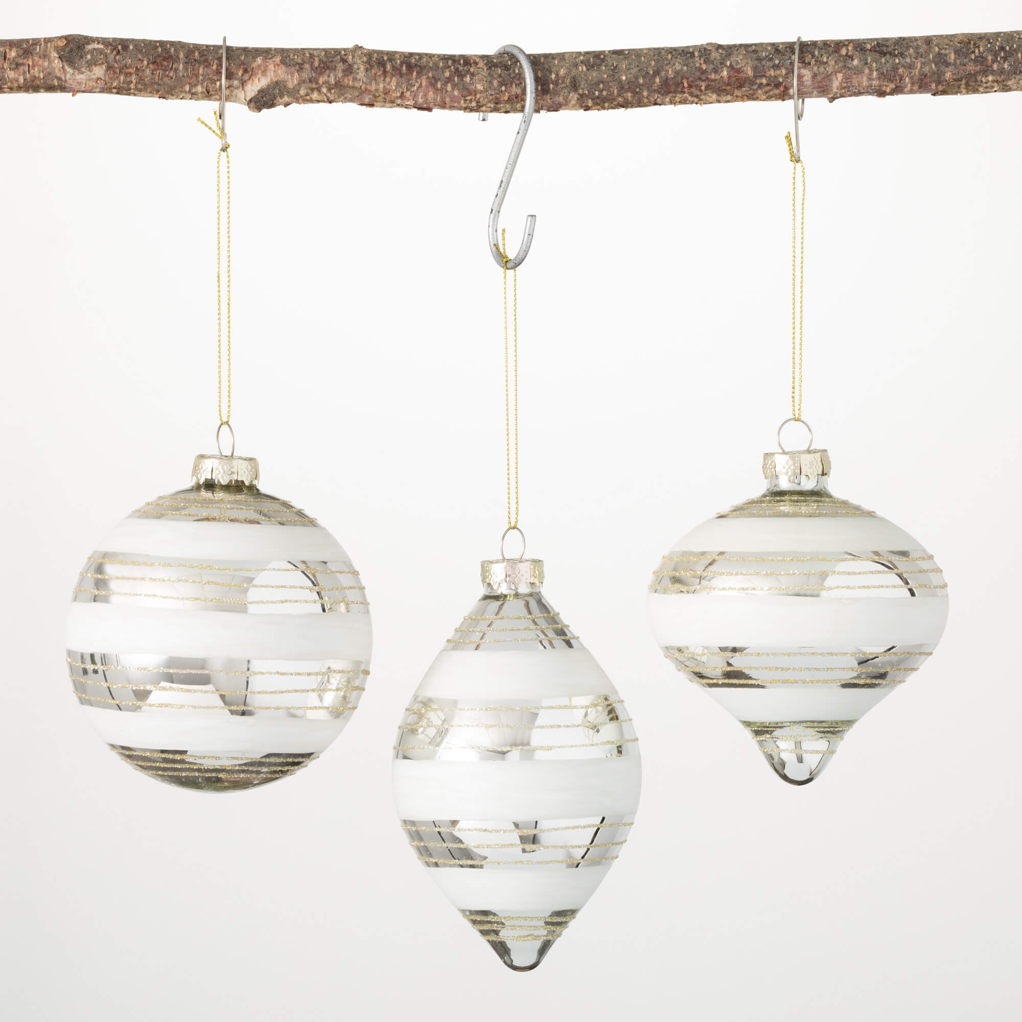 WHITE STRIPED DROP ORNAMENTS