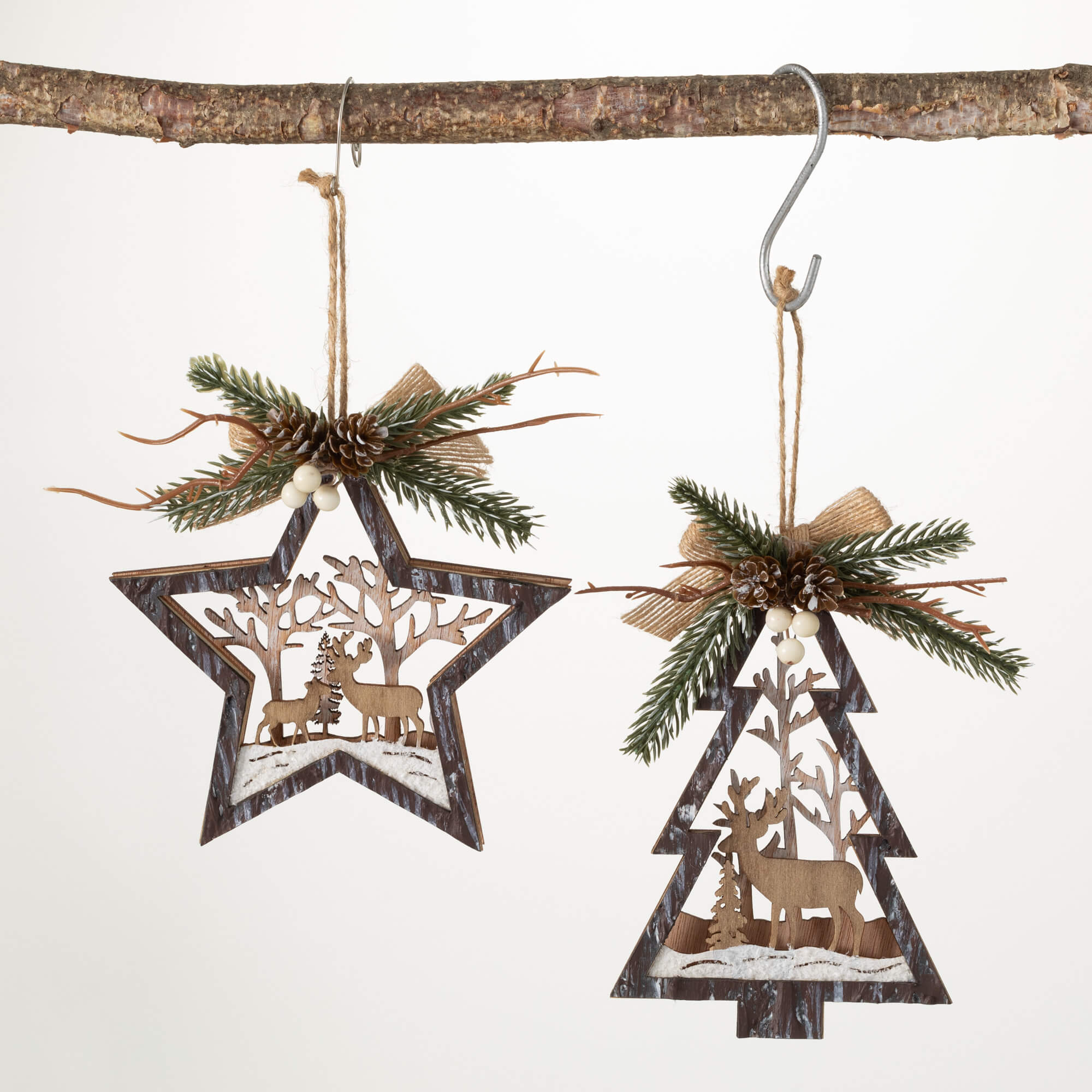 WOOD STAR AND TREE ORNAMENTS