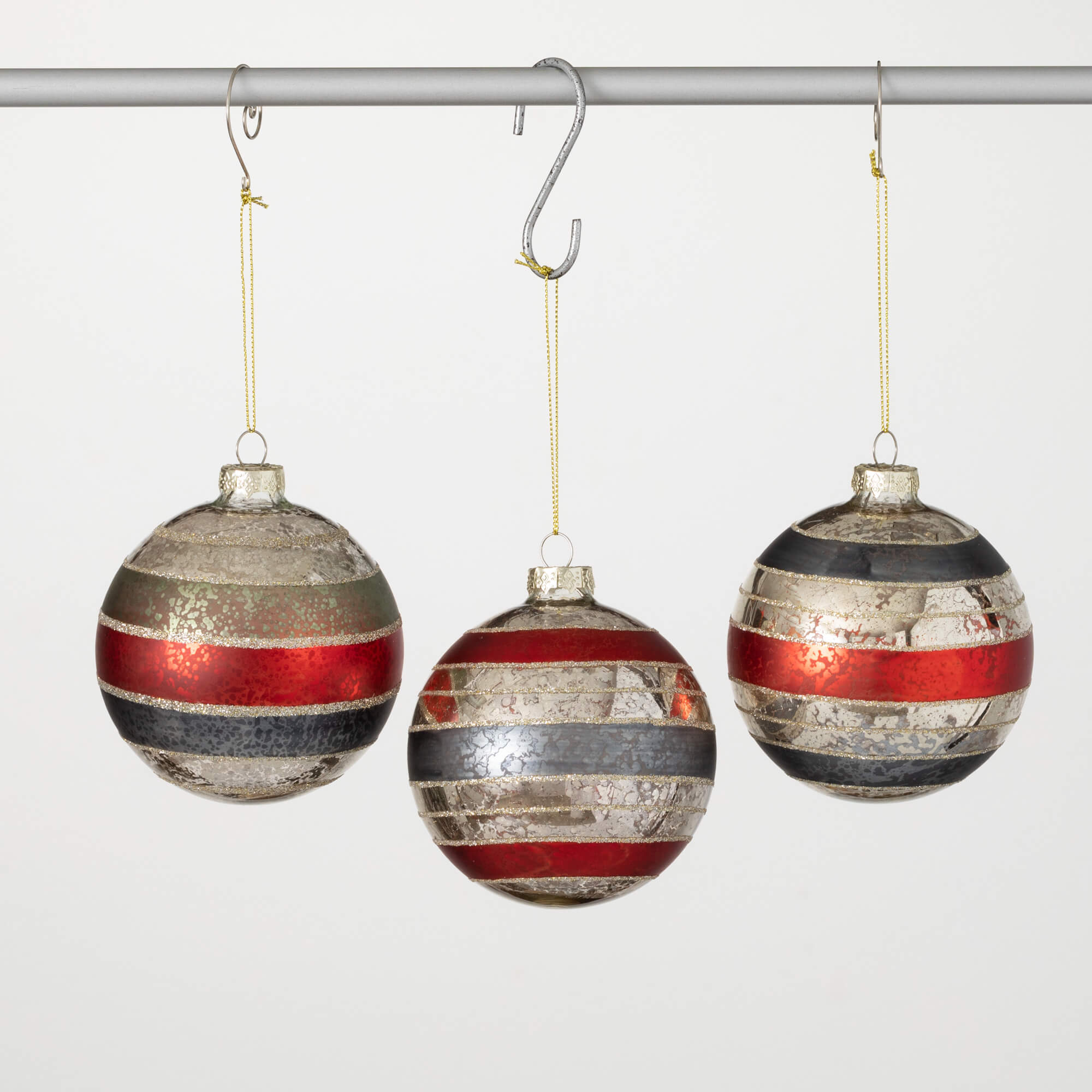 STRIPED SILVER BALL ORNAMENTS