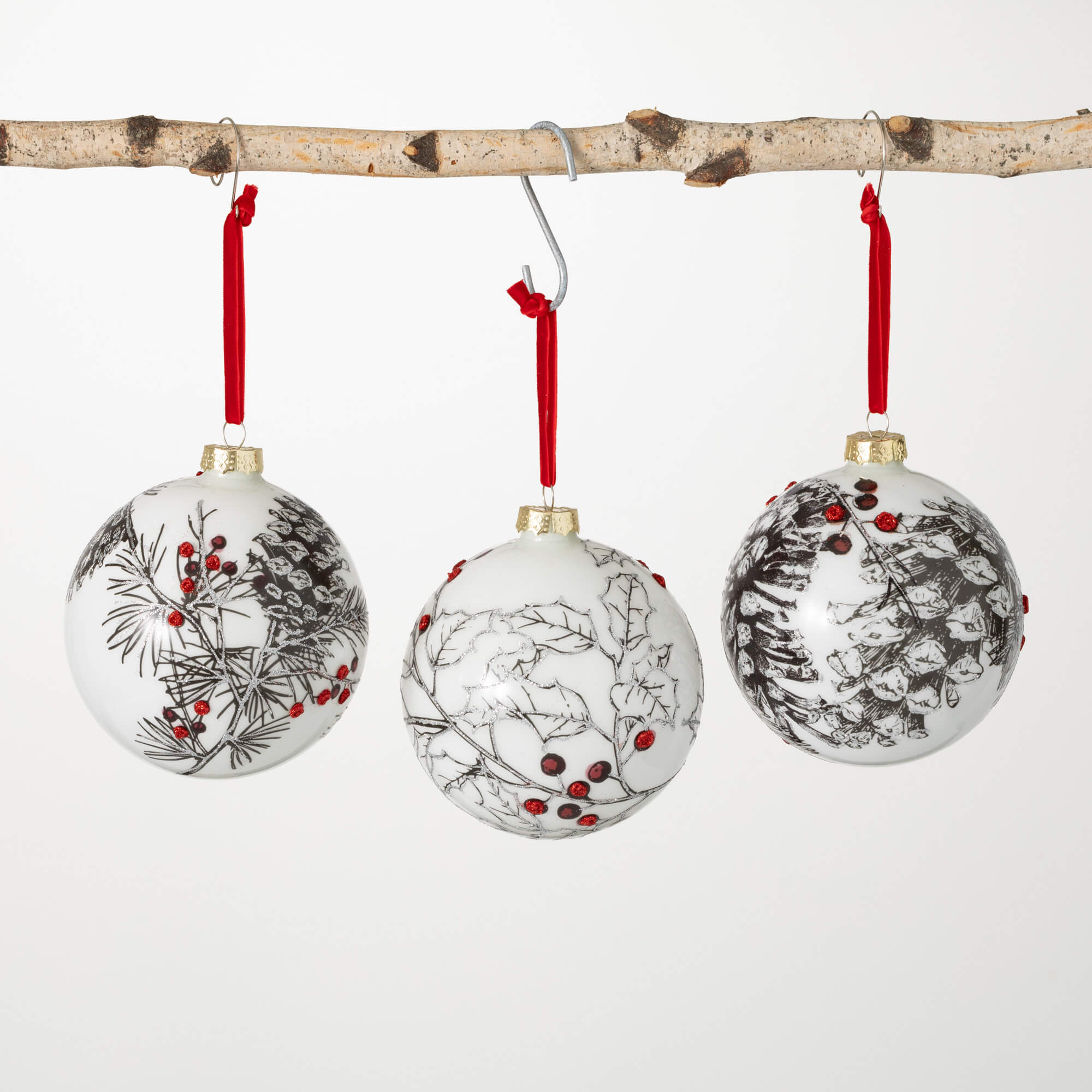 PINECONE HOLLY BALL ORNAMENTS