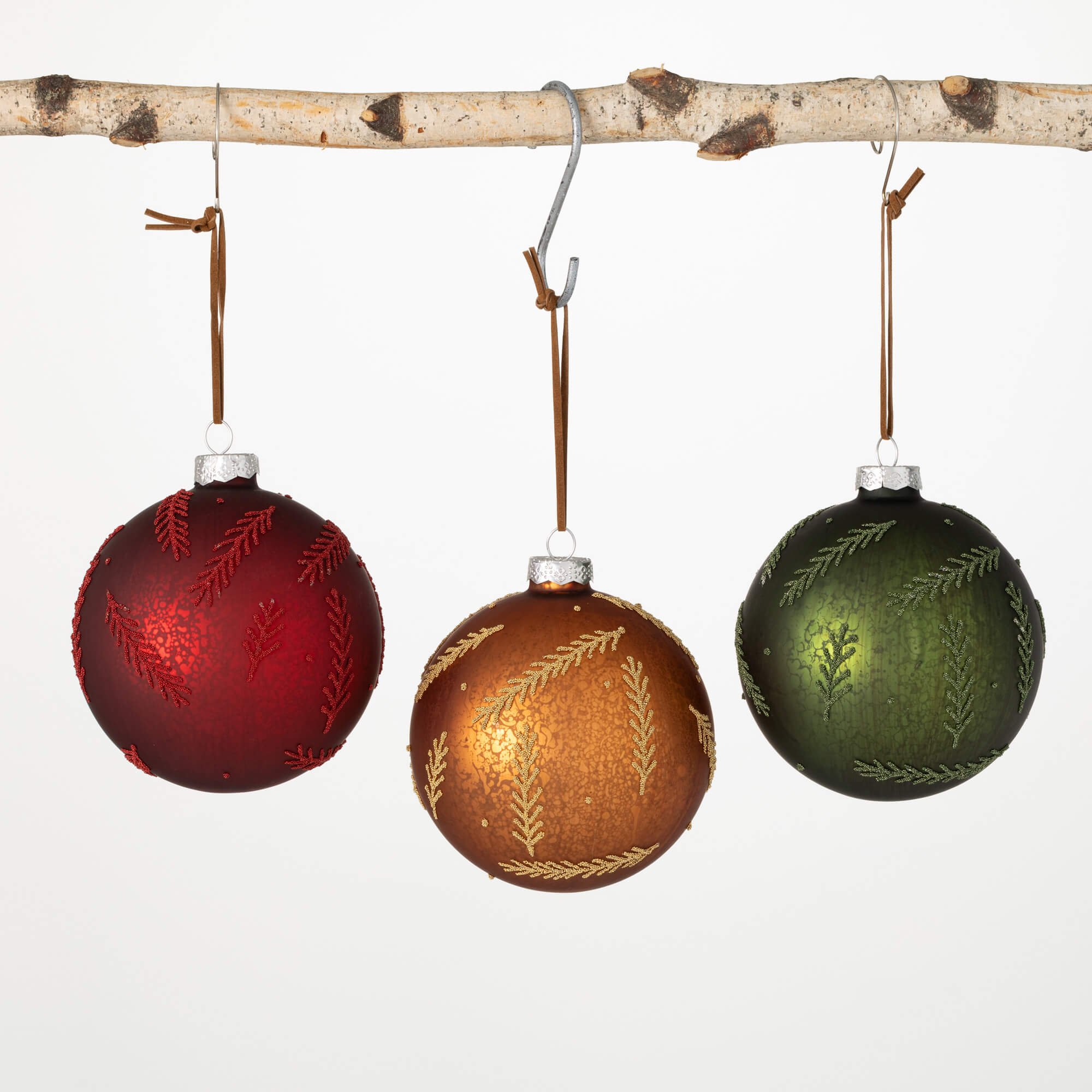 LEAFY GLASS BALL ORNAMENT SET