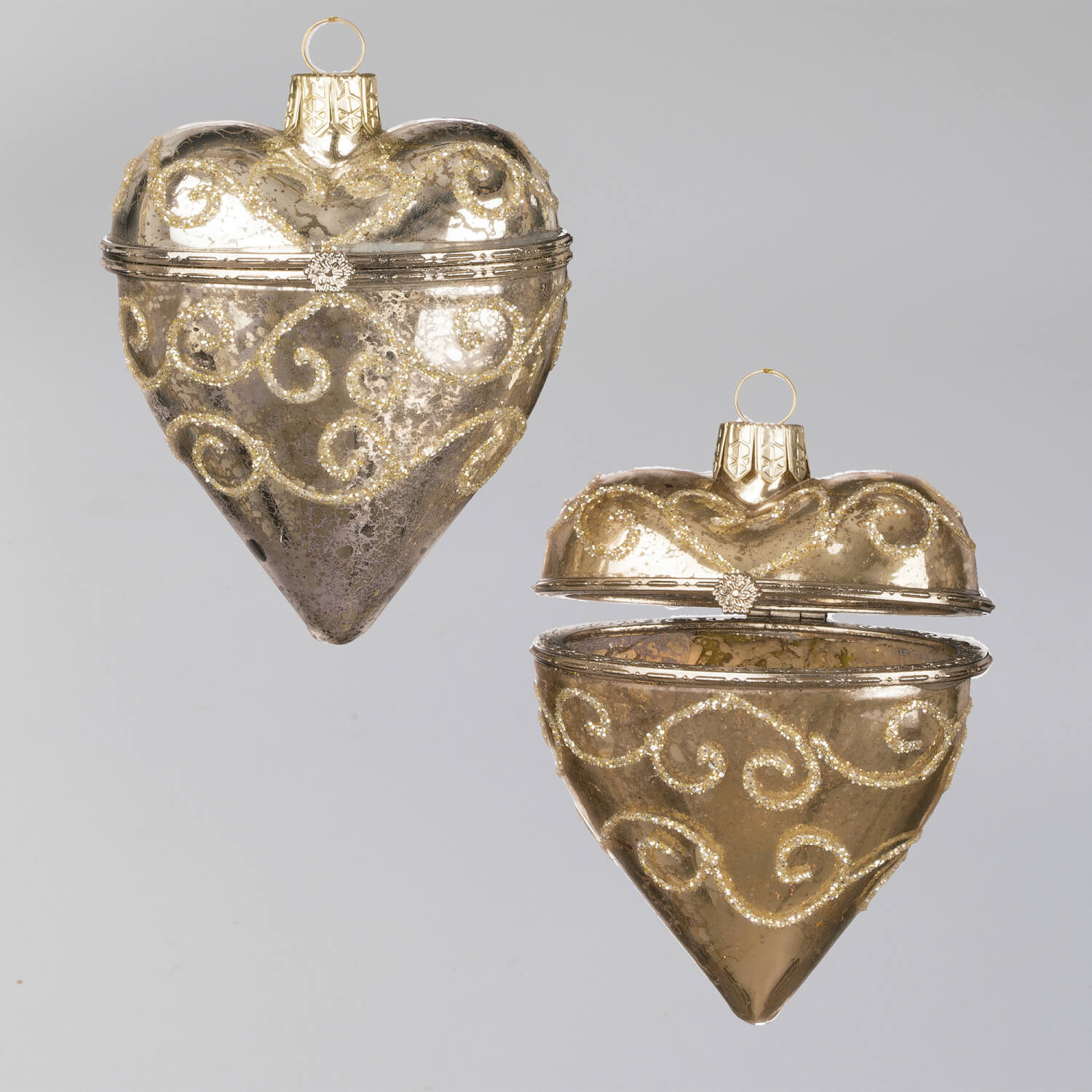 GOLD GLASS HEART BOX ORNAMENTS