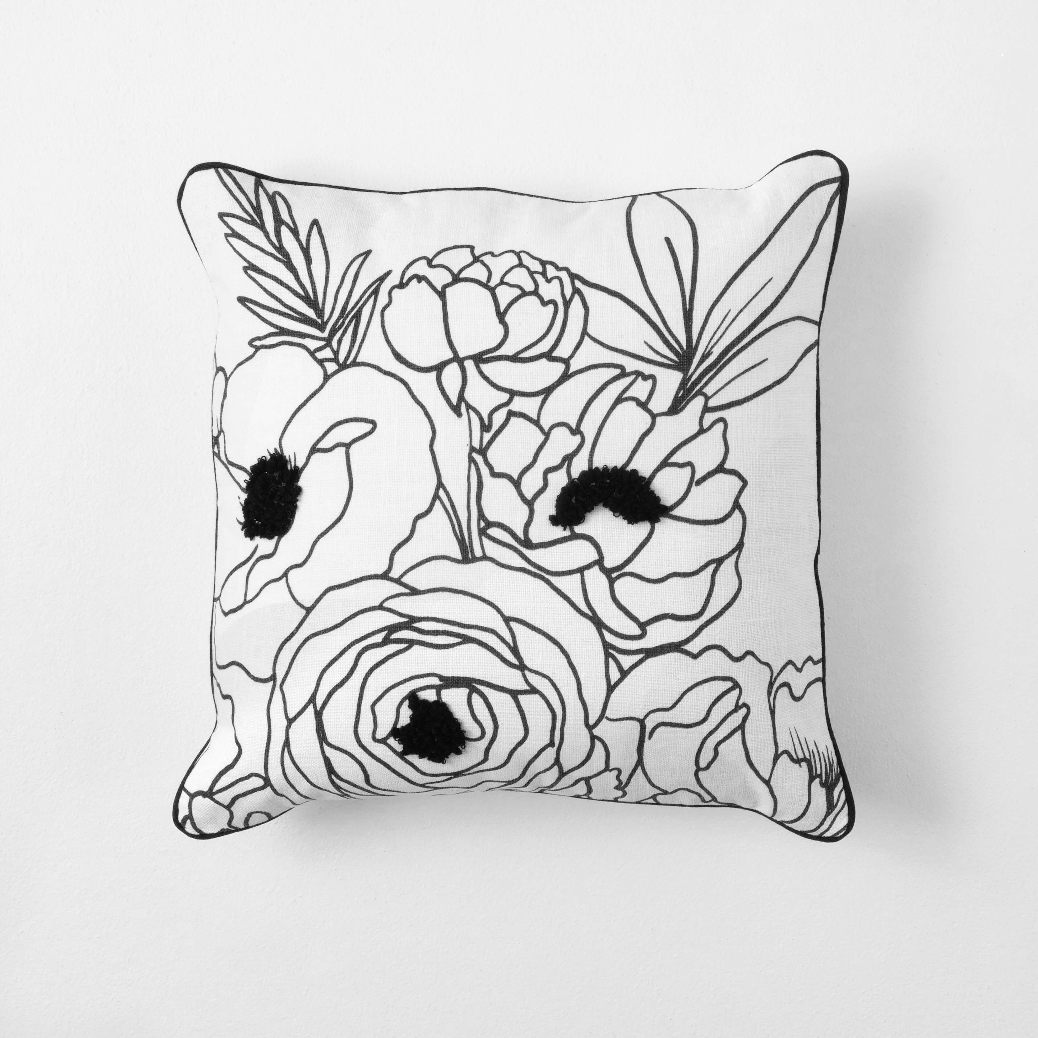 B&W LG FLORAL LINE ART PILLOW