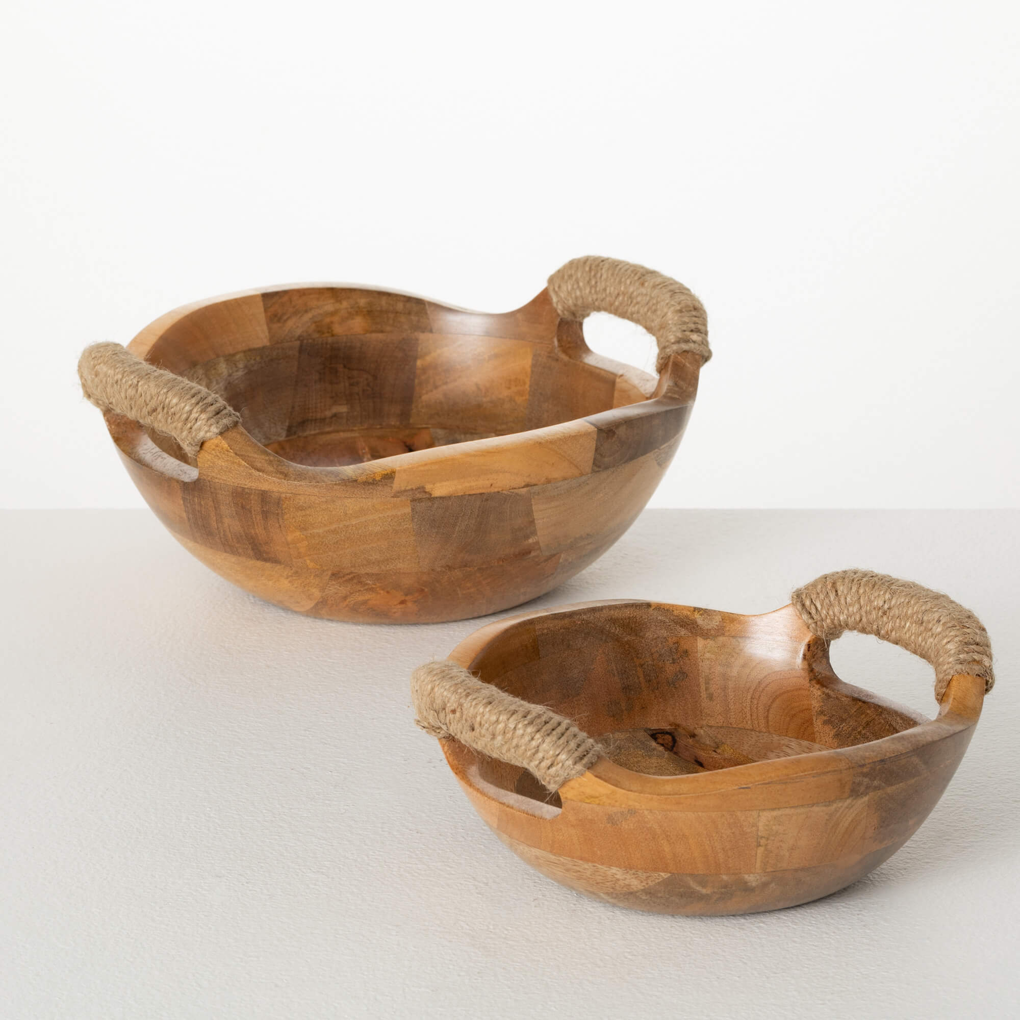 RUSTIC WOOD HANDLED BOWL SET 2