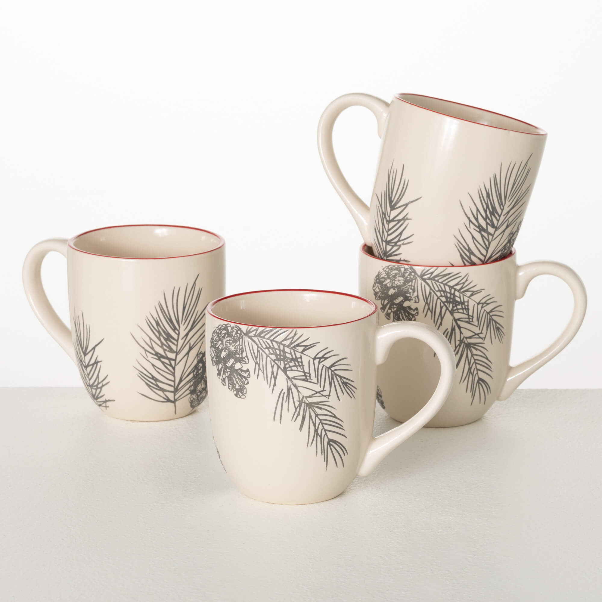 RED RIMMED PINECONE MUG SET 4