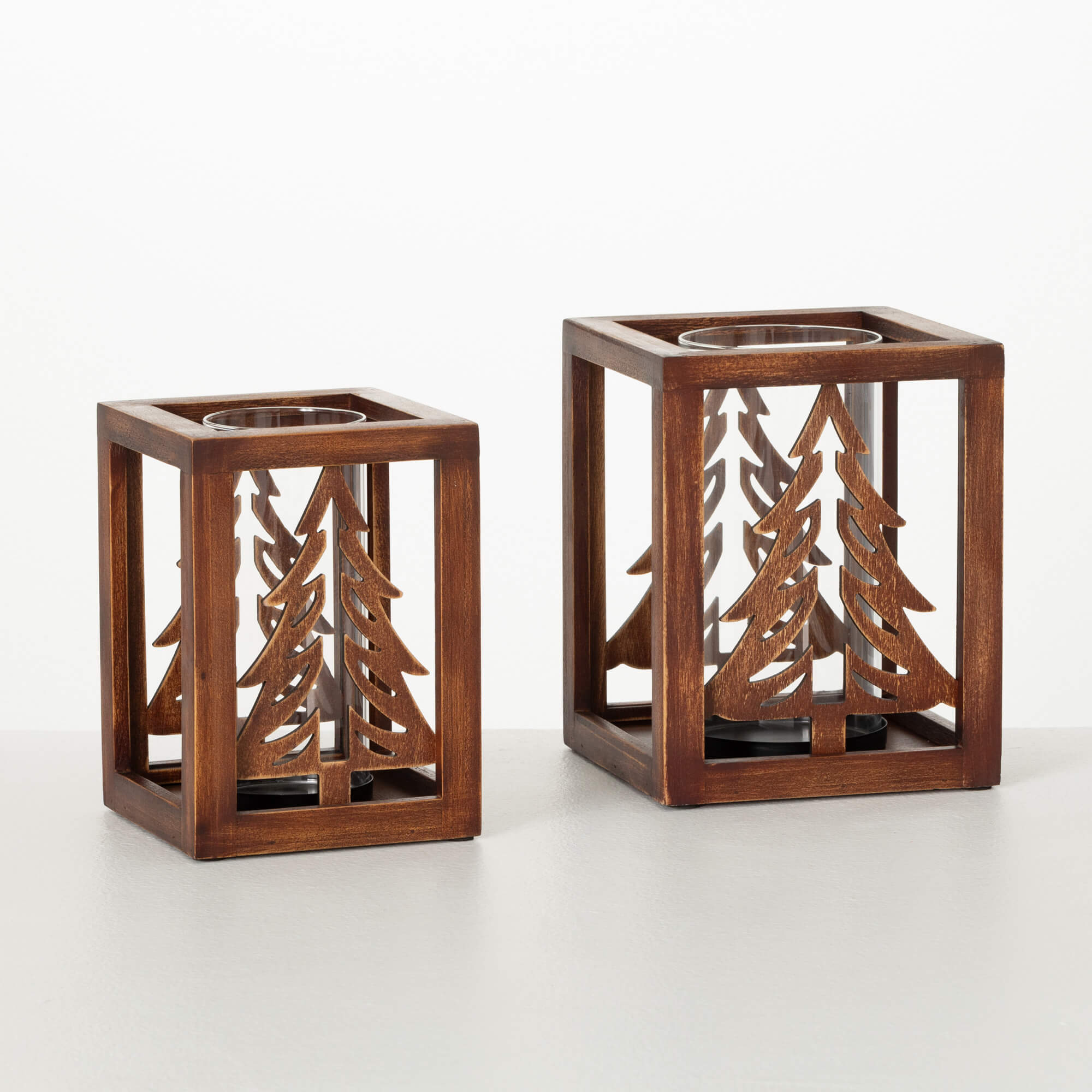 WOODEN TREE LANTERN SET OF 2