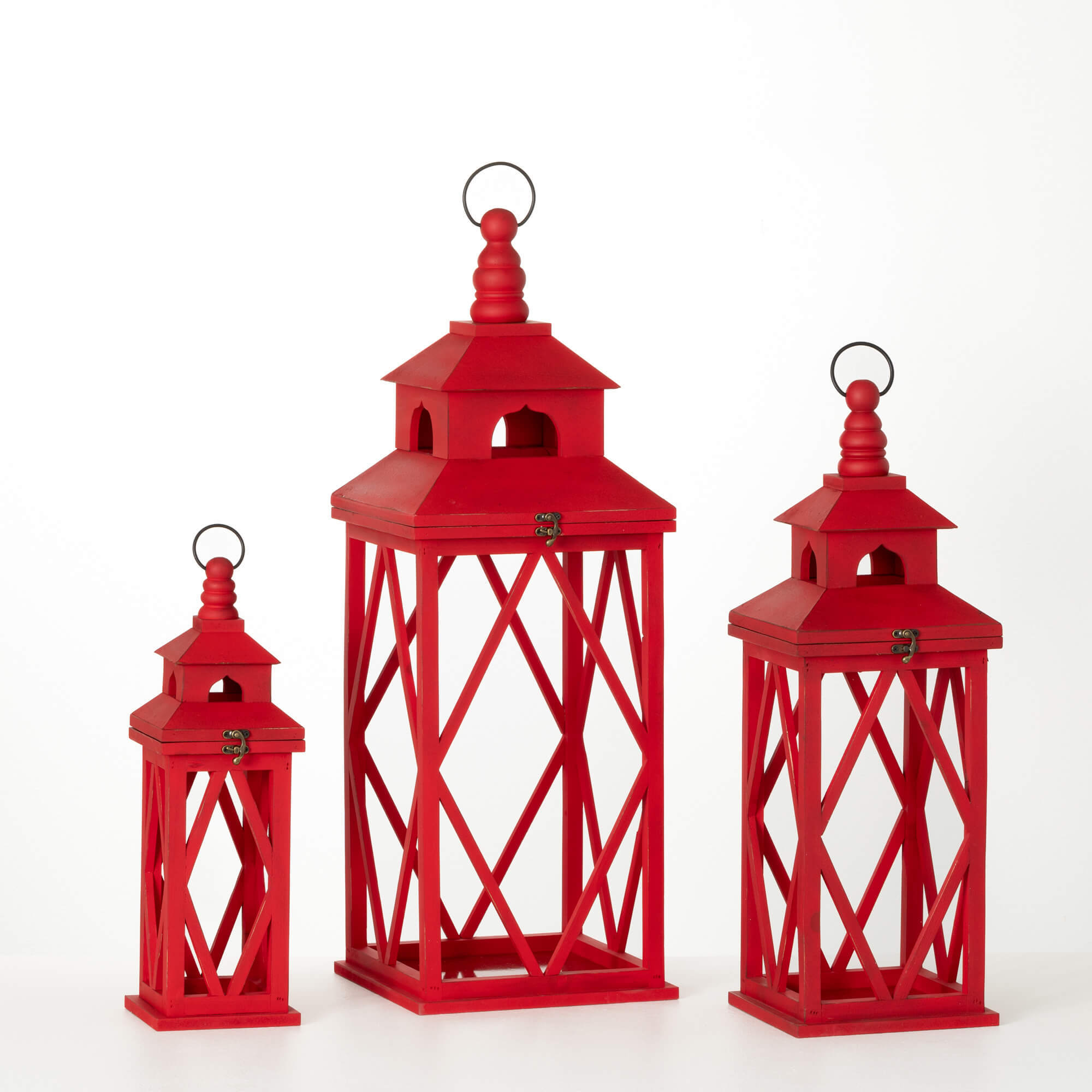 RED WOODEN LANTERN SET OF 3