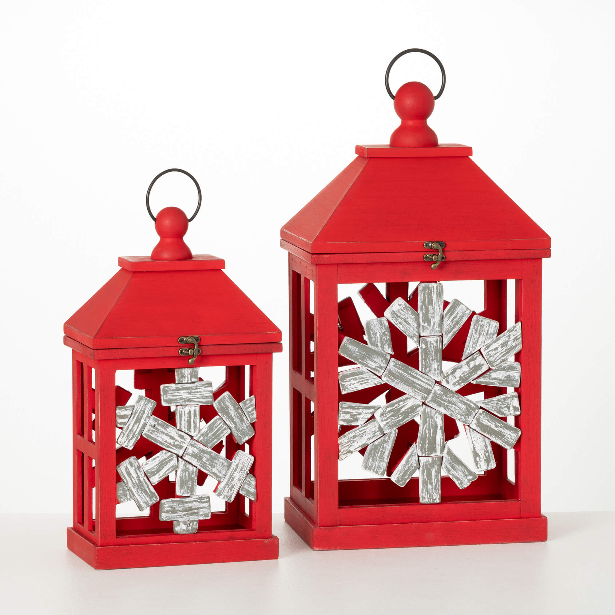 WOOD SNOWFLAKE LANTERN SET 2