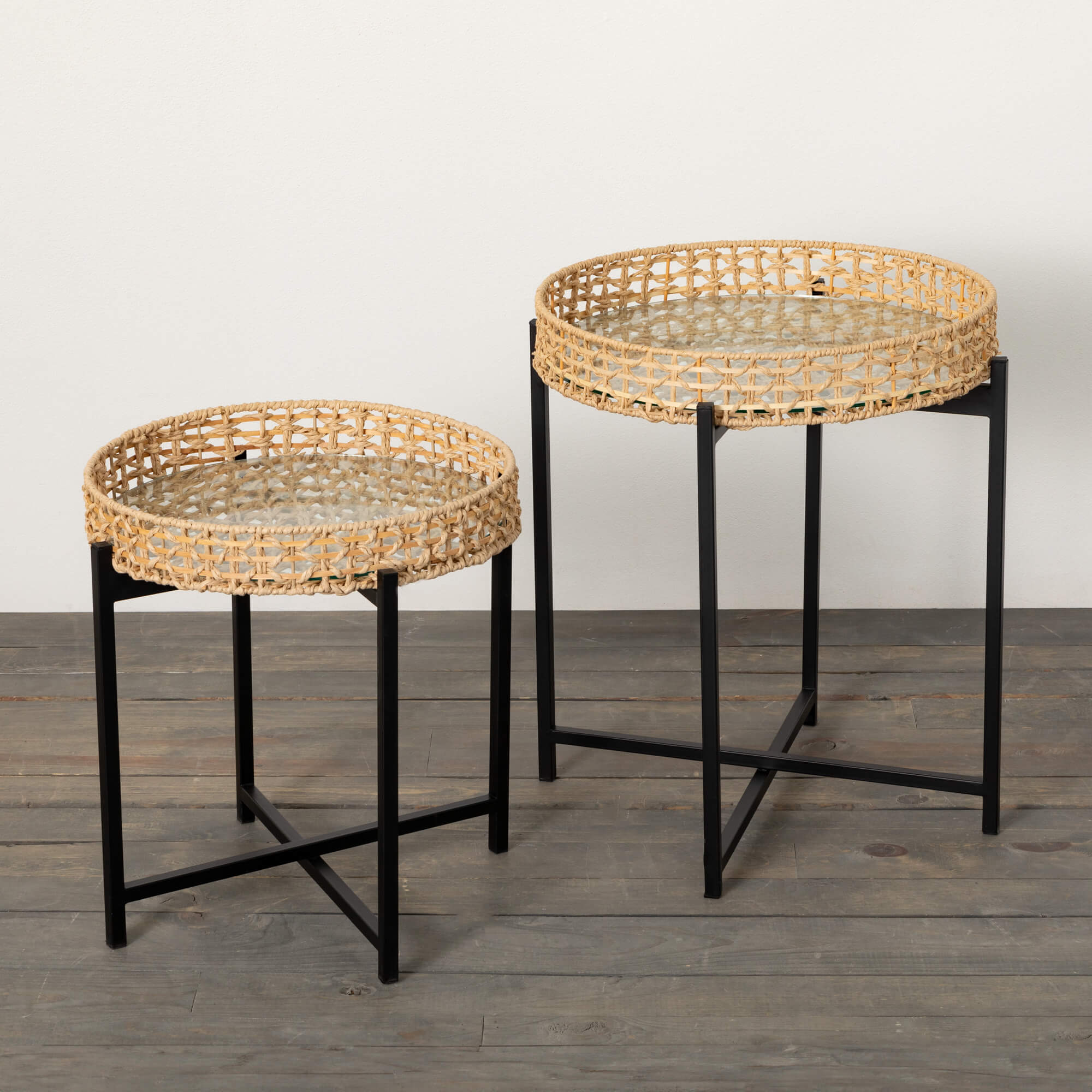 WOVEN ROUND METAL TABLE SET 2